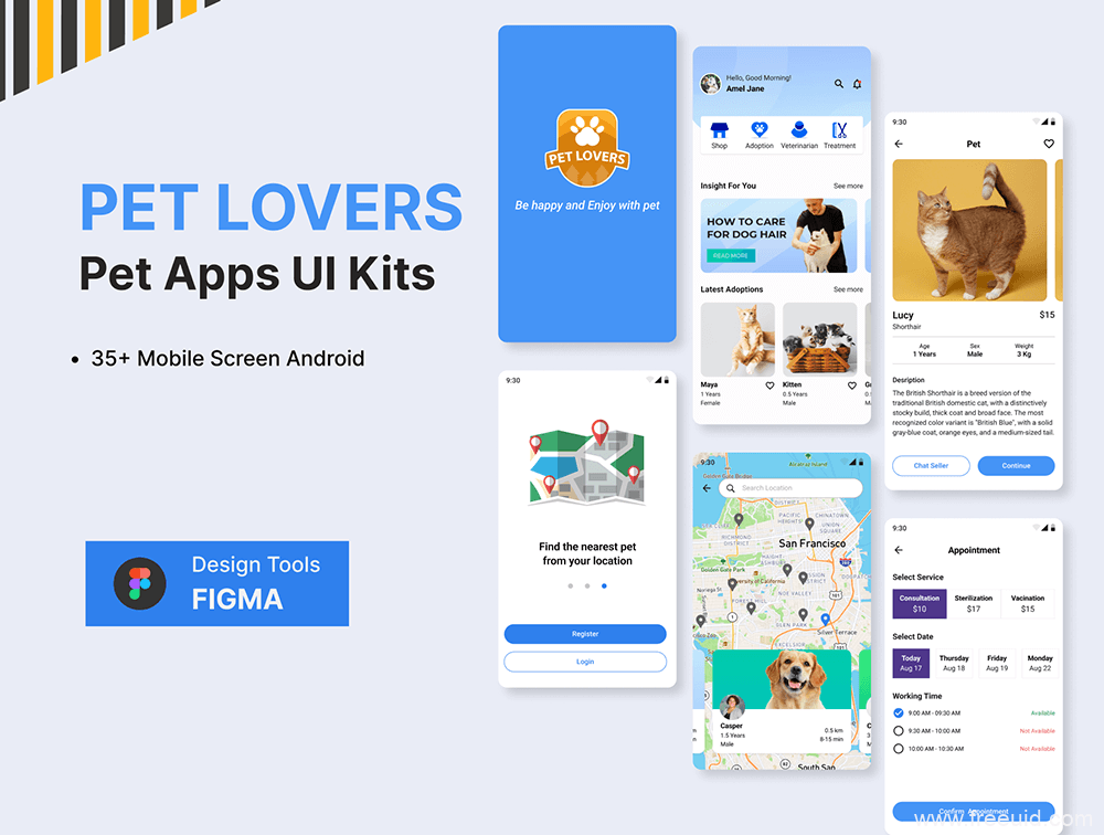 宠物爱好者的宠物应用UI套件Figma (Pet Lovers Pet App UI Kit Figma)