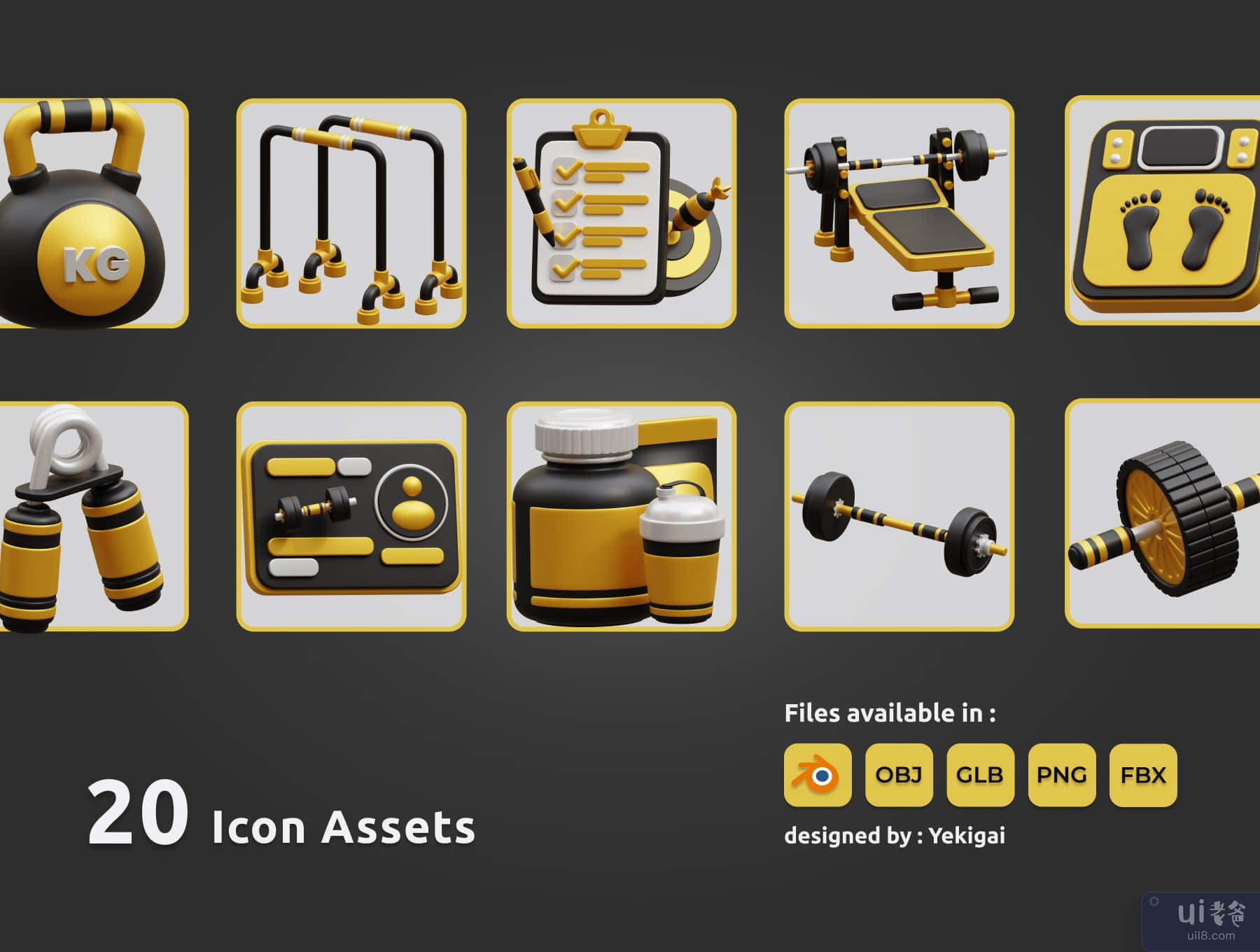 健身房 3D 图标包 (Fitness and Gym 3D Icon Pack)插图1