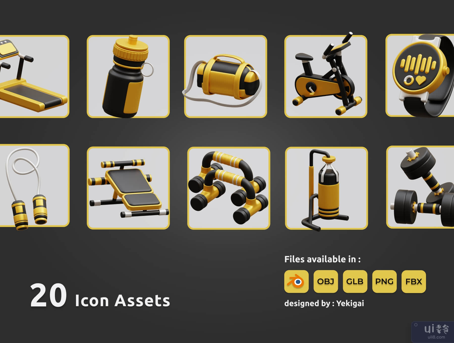 健身房 3D 图标包 (Fitness and Gym 3D Icon Pack)插图