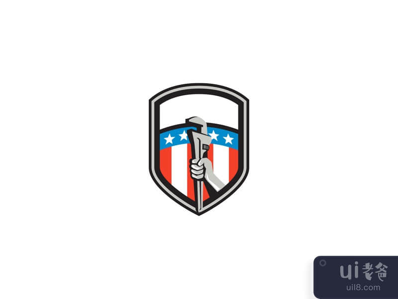 Plumber Hand Pipe Wrench USA Flag Shield Retro