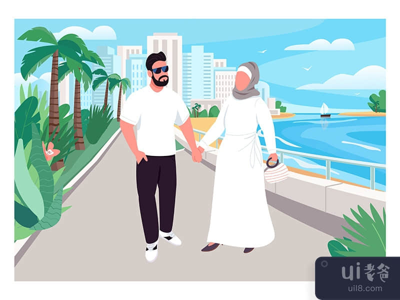 Muslim family vacation flat color vector illustration