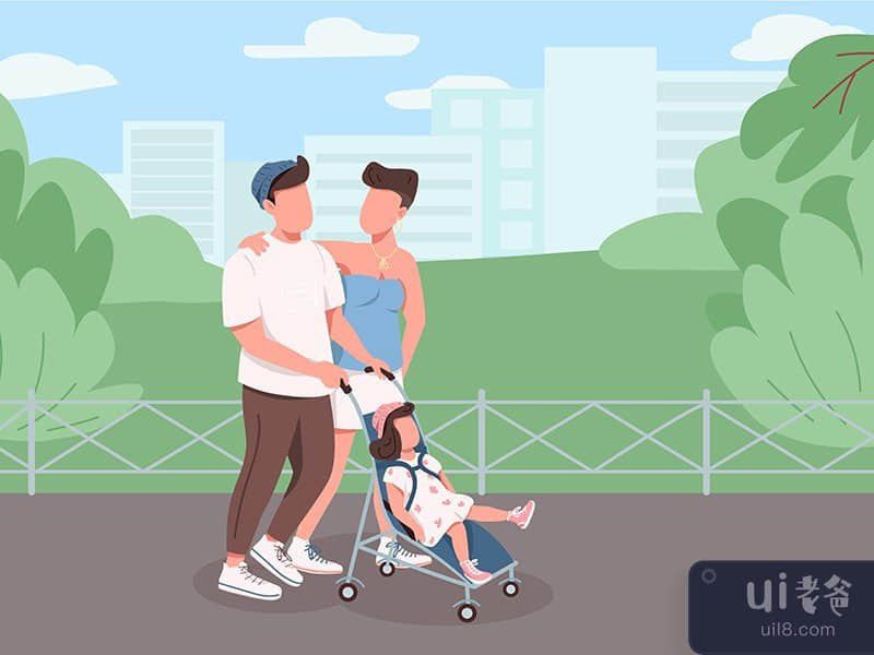 Young family walking flat color vector illustration