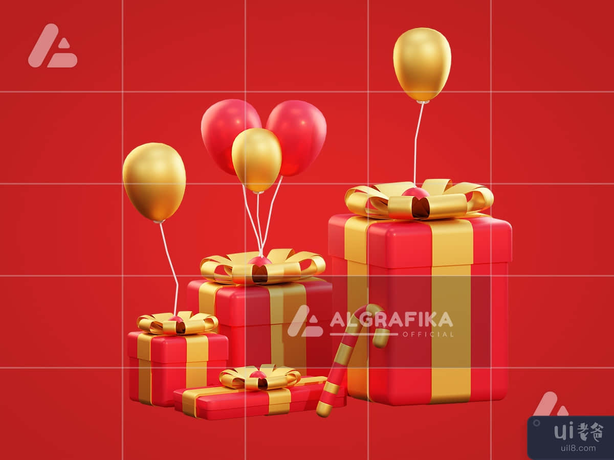 3d christmas giftbox, candy and balloon
