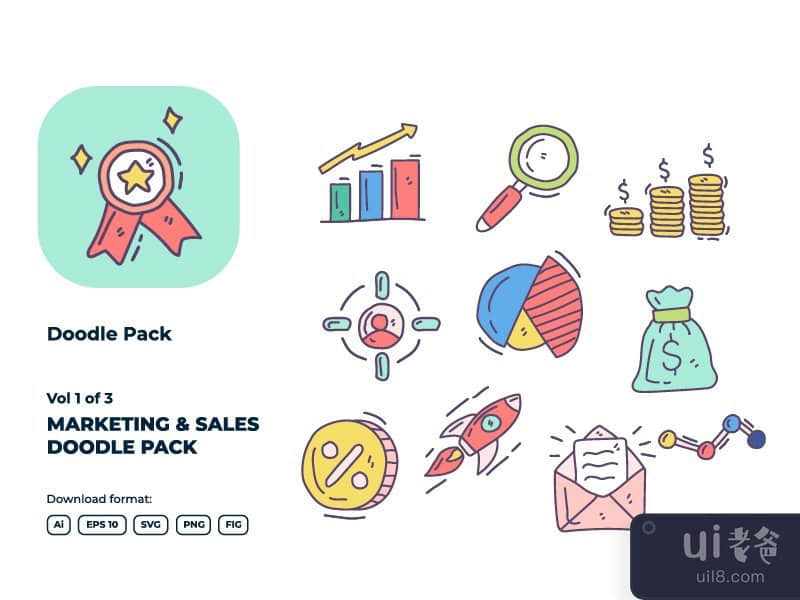 Set of Business and marketing hand drawn doodle flat color icon 01-03