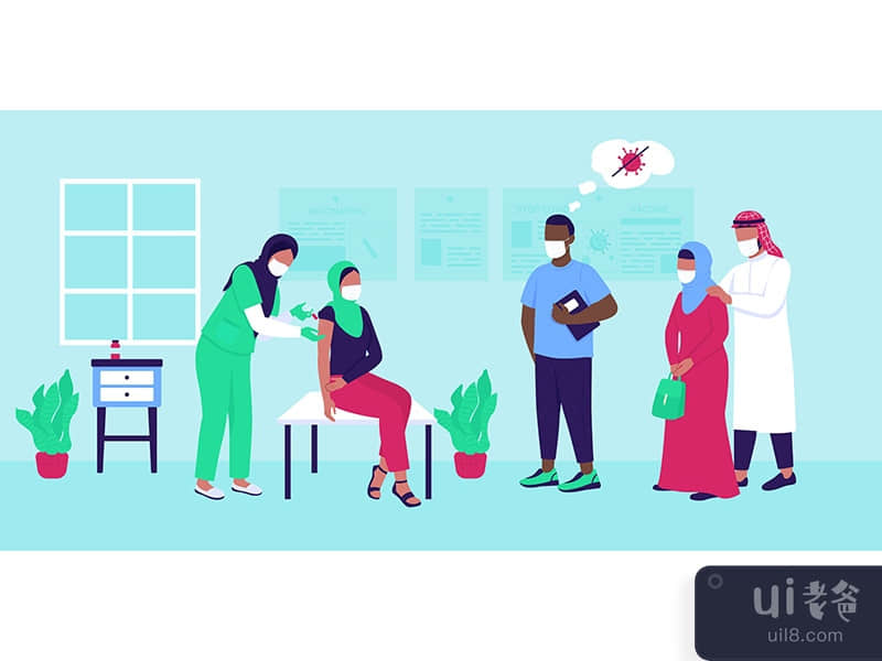 Queue to vaccination flat color vector illustration