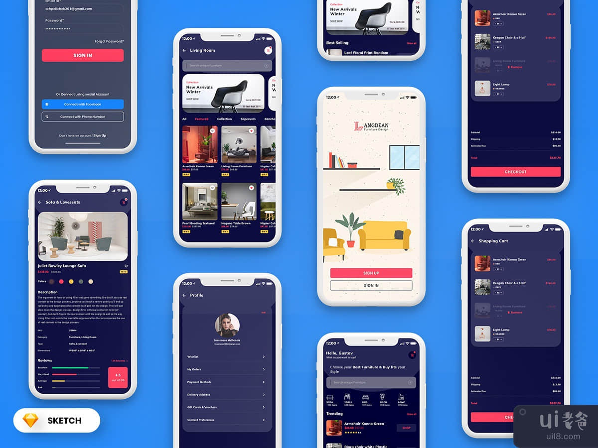 Furniture Mobile App UI Kit Dark Version (SKETCH)