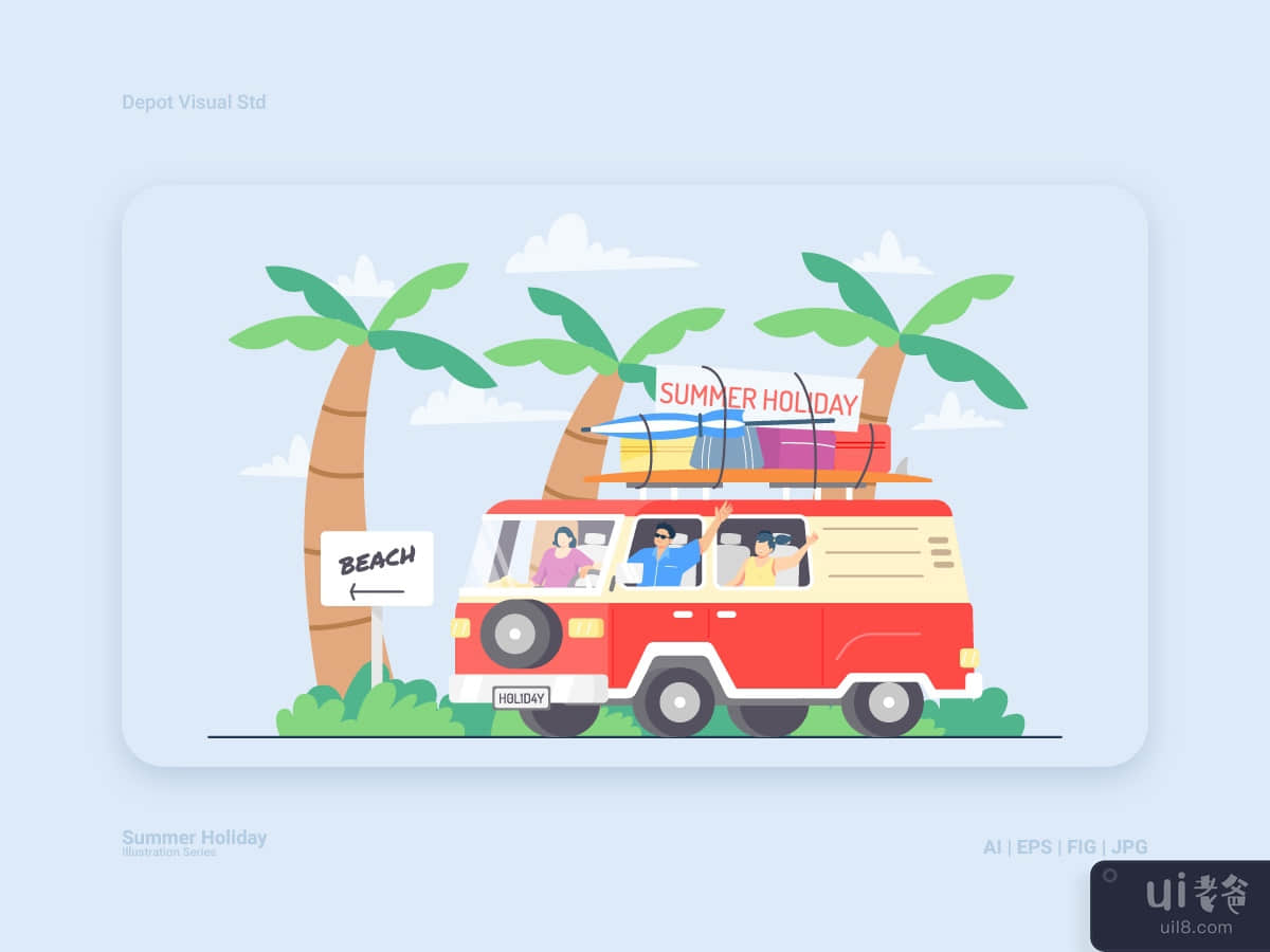 Summer Holiday by Car on Beach Illustration