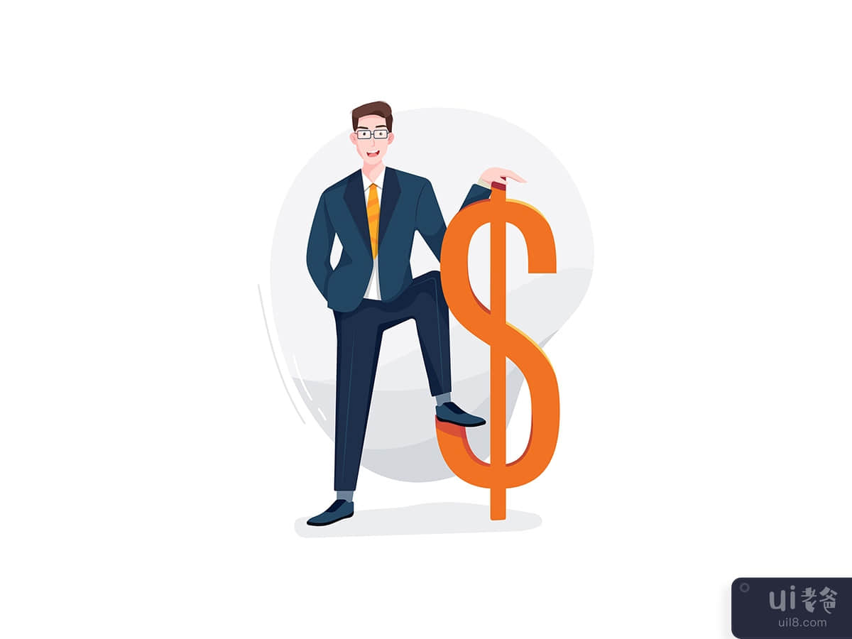 Happy businessman stands next to the currency symbol.