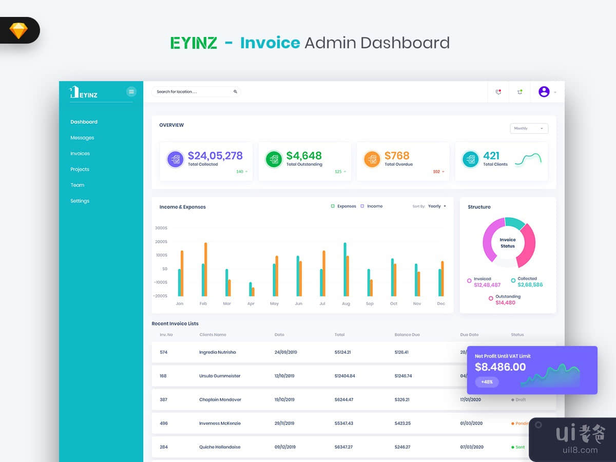Heyinz - Invoice Admin Dashboard UI Kit (SKETCH)