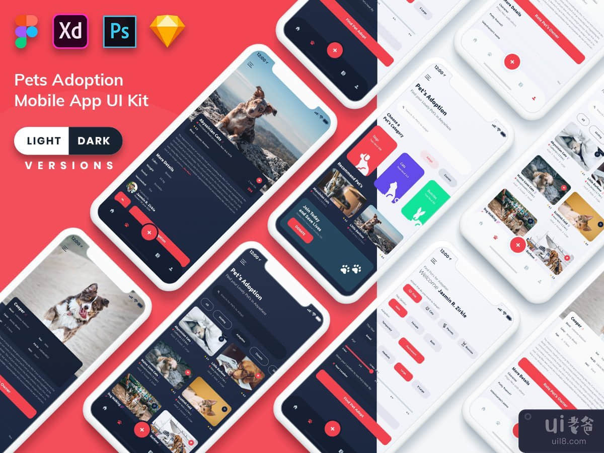 Pets Adoption Mobile App UI (Light & Dark)