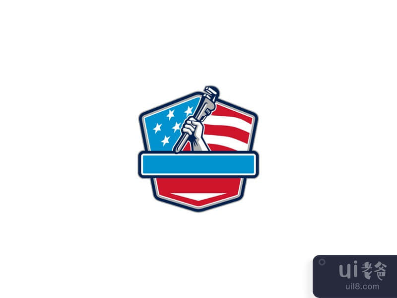 Plumber Hand Pipe Wrench USA Flag Shield Retro