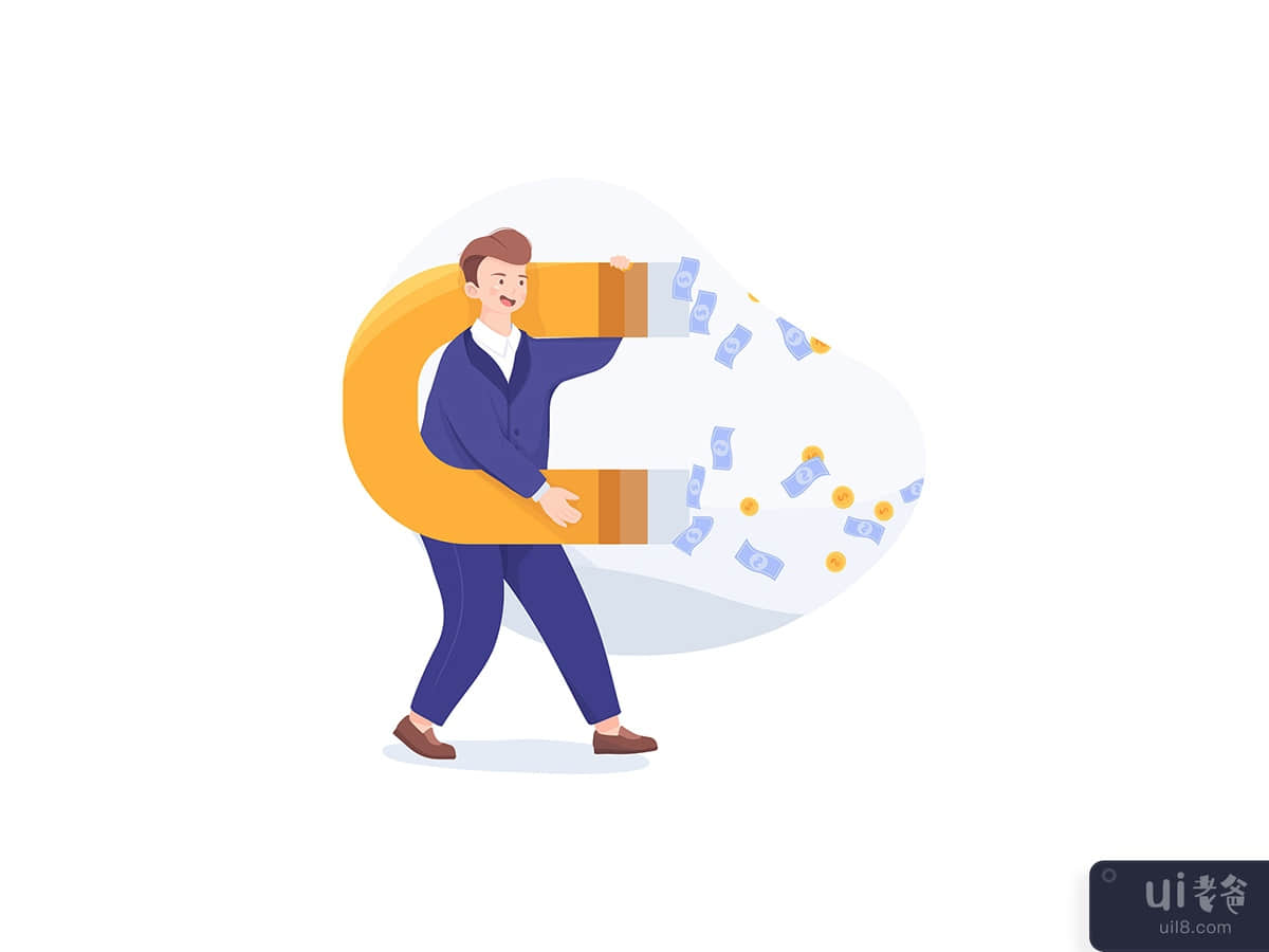 Businessman Character Attract Money Cash with Big Magnet