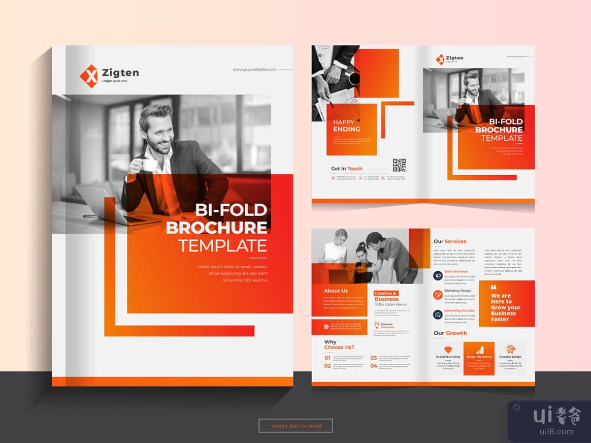 Clean corporate bi fold business brochure design template in A4 format.