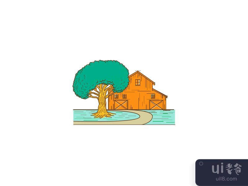 American Barn Oak Tree Mono Line Color