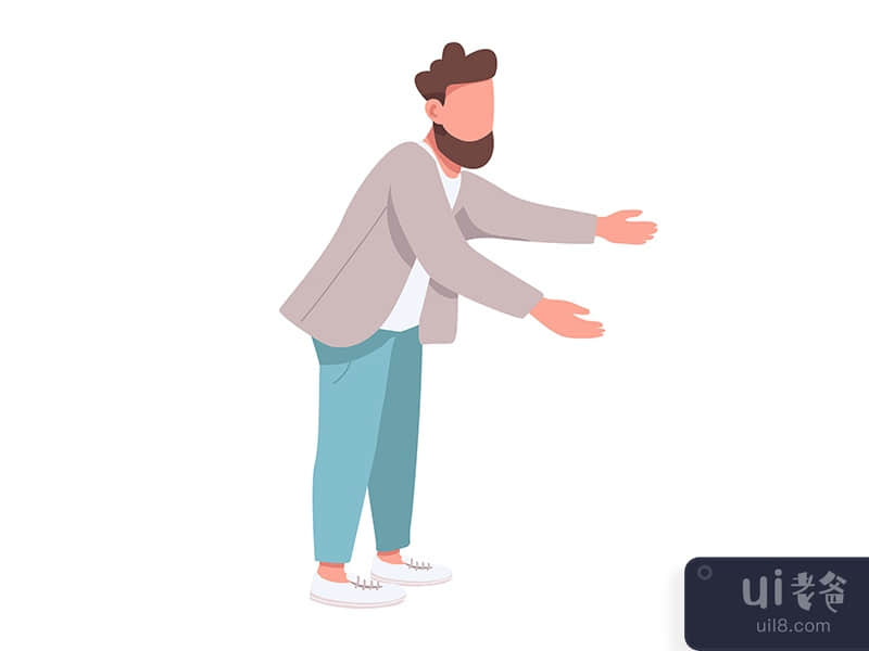 Bearded man stretching arms forward semi flat color vector character