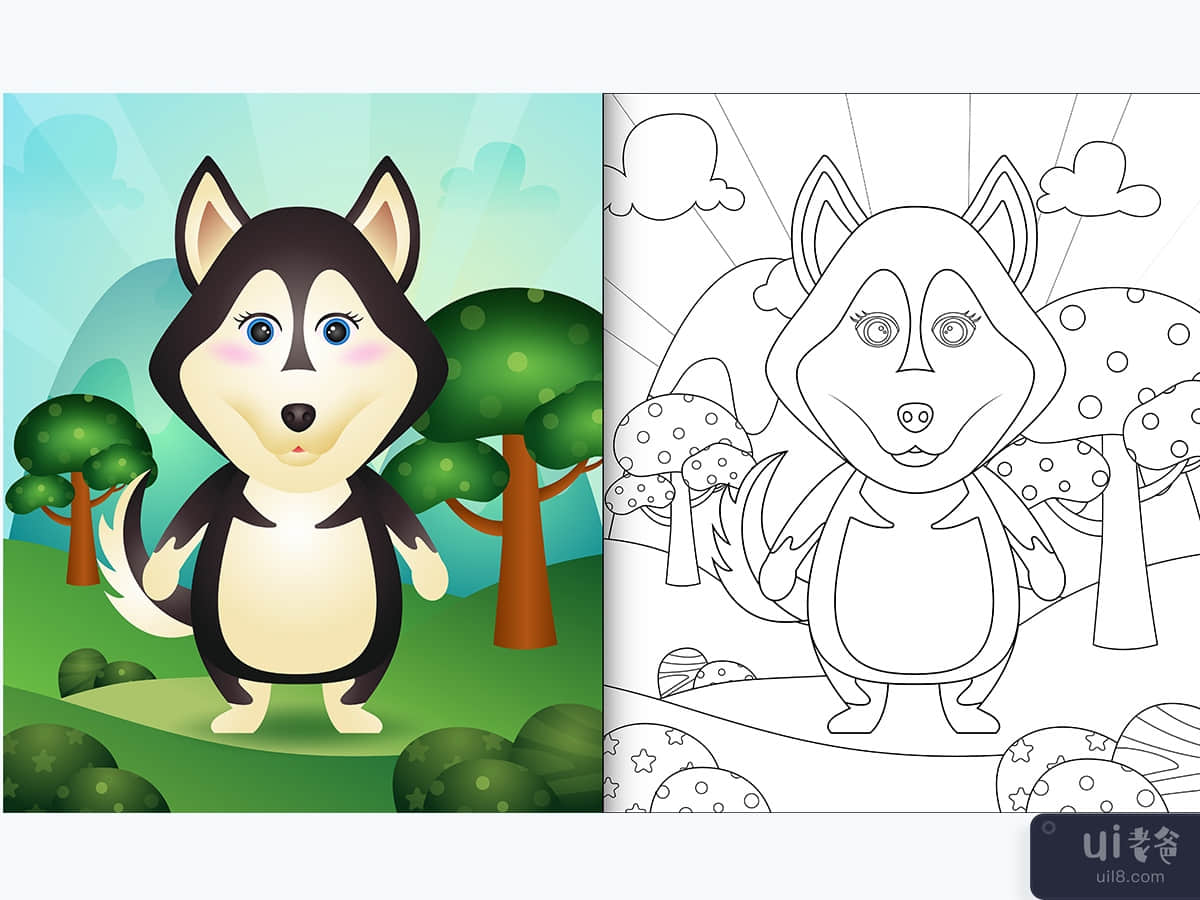 coloring book for kids with a cute husky dog character illustration