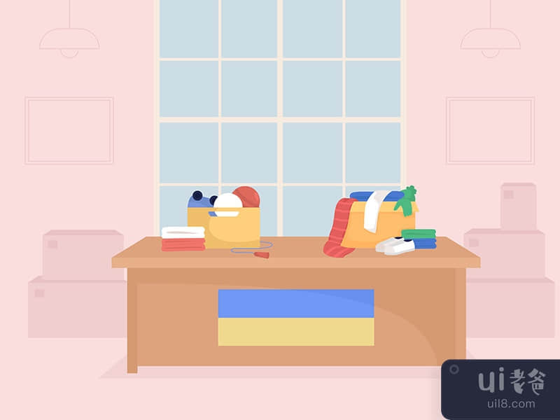 Collecting essential clothing for ukrainian refugees flat vector illustration