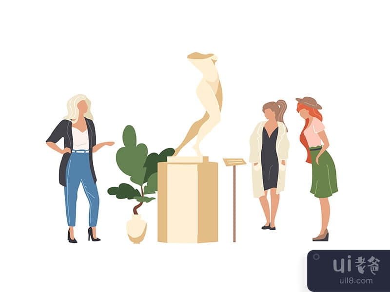 Cultural museum tourist flat color vector faceless characters