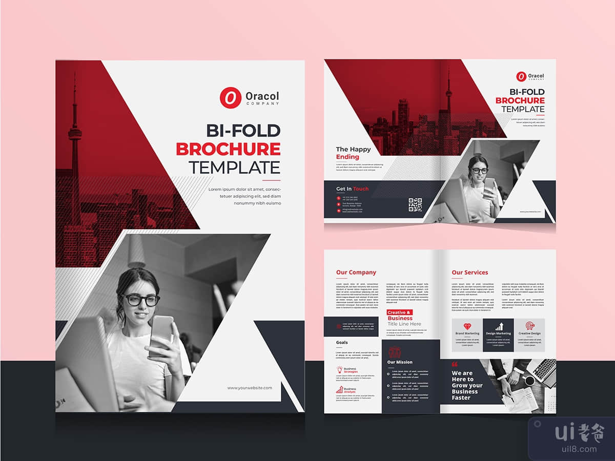 Clean corporate bi fold business brochure design template in A4 format.