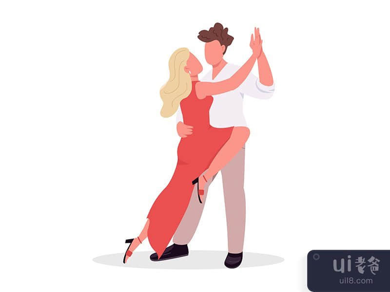 Couple learning tango dance style semi flat color vector characters