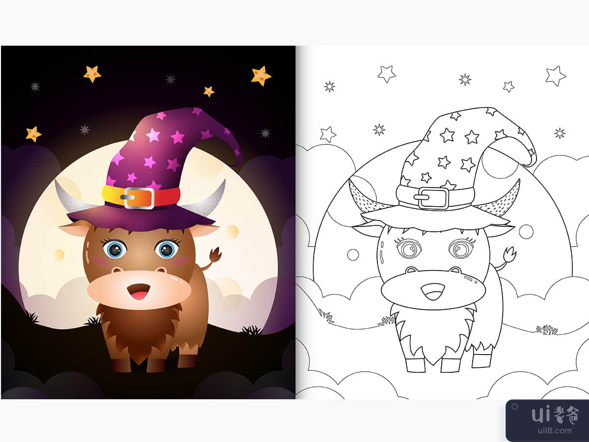 着色书与可爱的卡通万圣节女巫水牛在月亮前(coloring book with a cute cartoon halloween witch buffalo front the moon)插图2