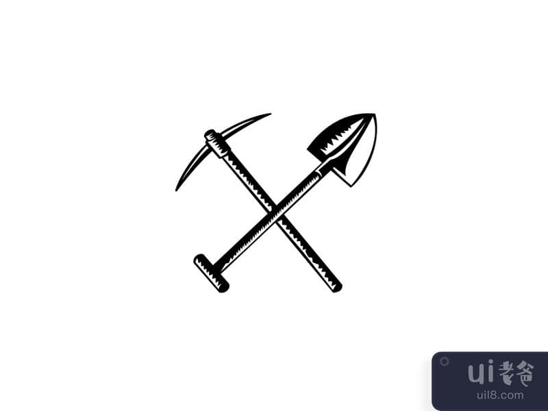 Crossed Spade or Shovel and Mining Pick Ax Pickaxe Woodcut