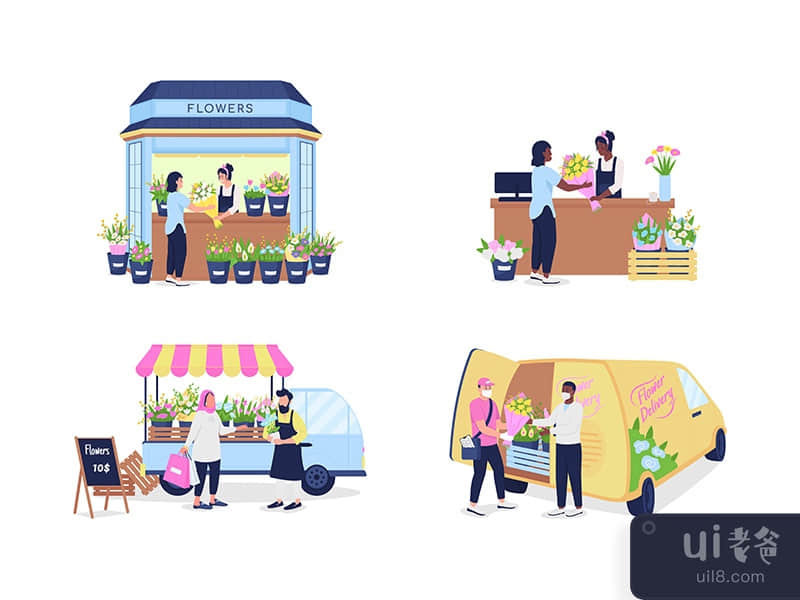 Buying and selling flowers flat color vector detailed character set
