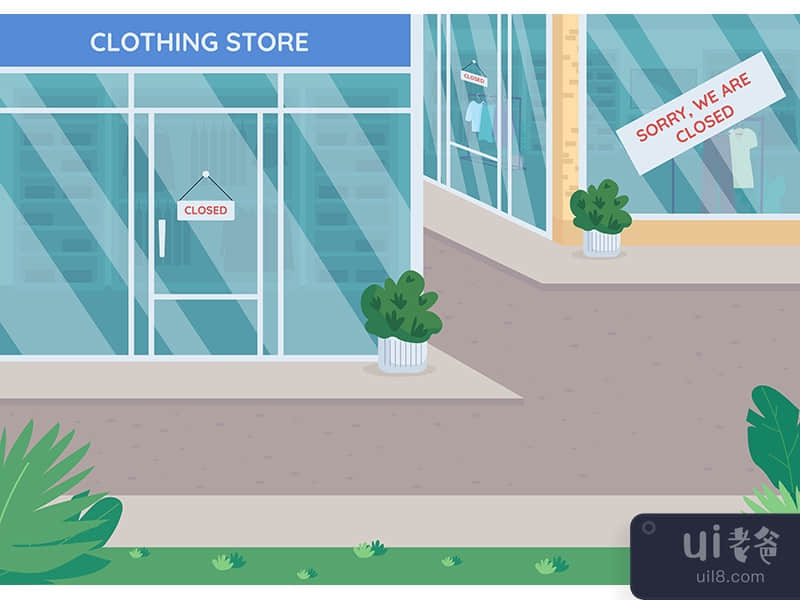 Closed stores flat color vector illustration