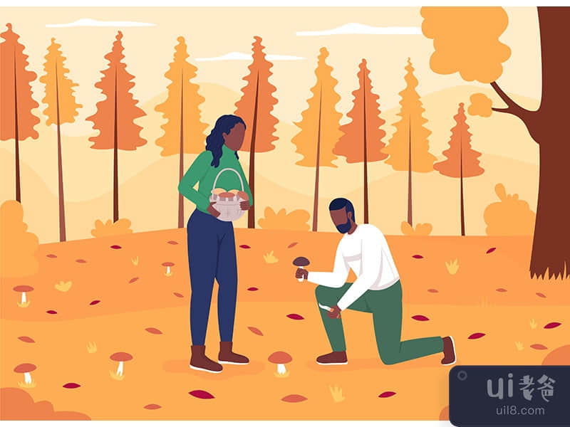 Couple collecting mushrooms flat color vector illustration