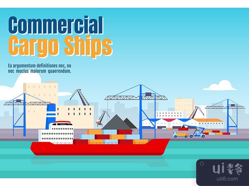 Commercial cargo ships banner flat vector template