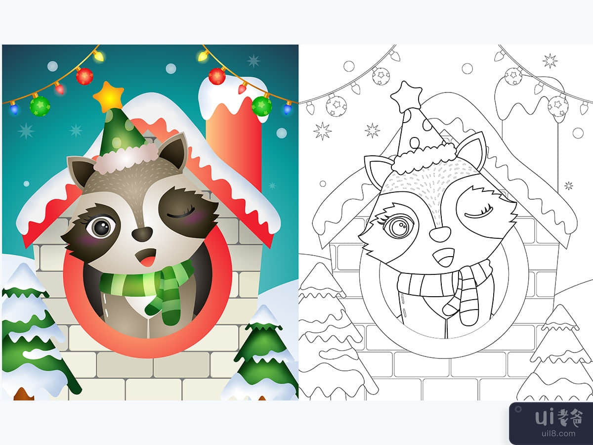 coloring book with a cute raccoon christmas characters using hat and scarf