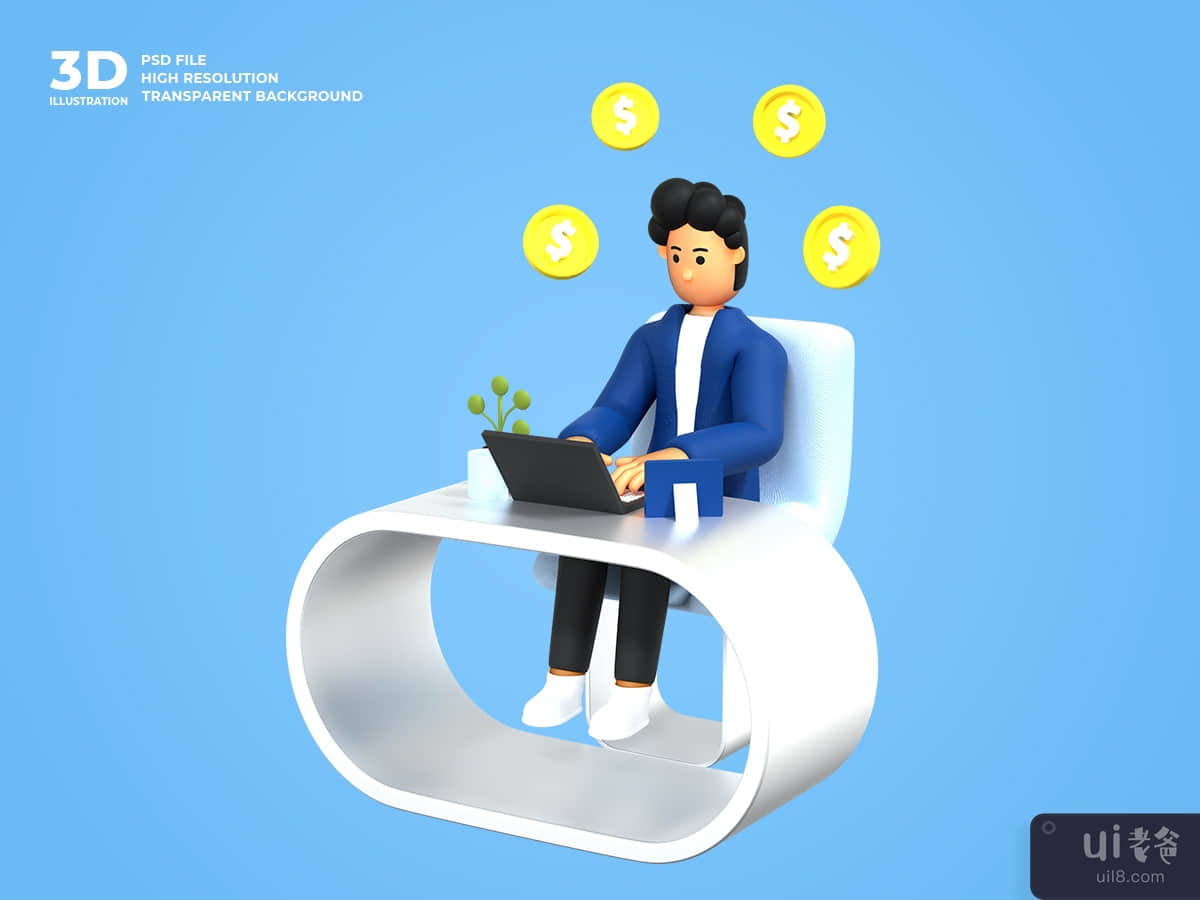 3d male character working using laptop freelancer