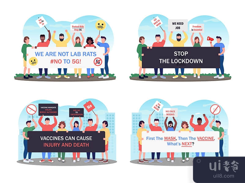 Corona virus lockdown protest flat concept vector illustration set