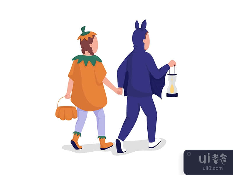 Children in Halloween costumes semi flat color vector characters