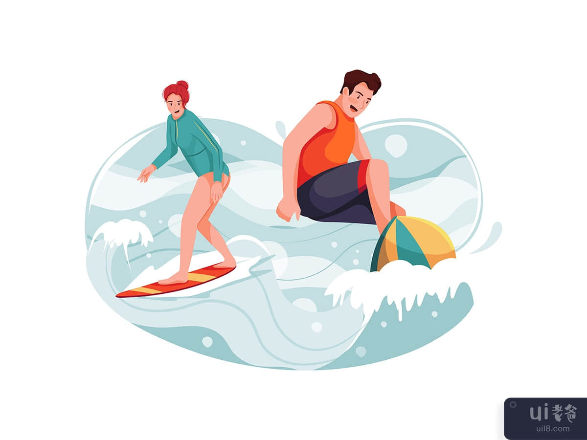 Adult Man and Woman Riding Waves on Surfboard