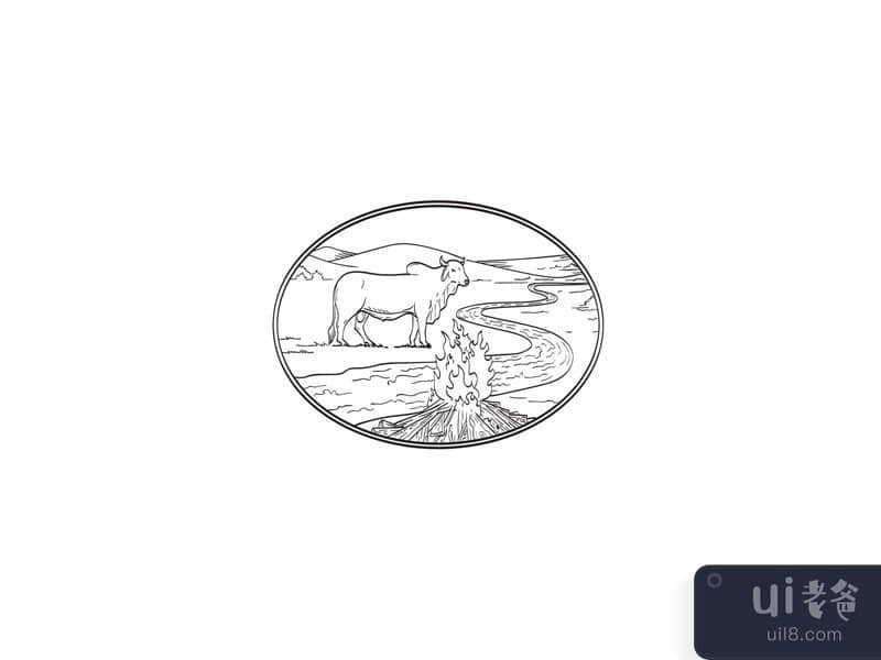 Brahman Bull with Winding River Mountain Range and Campfire Line Art Tattoo