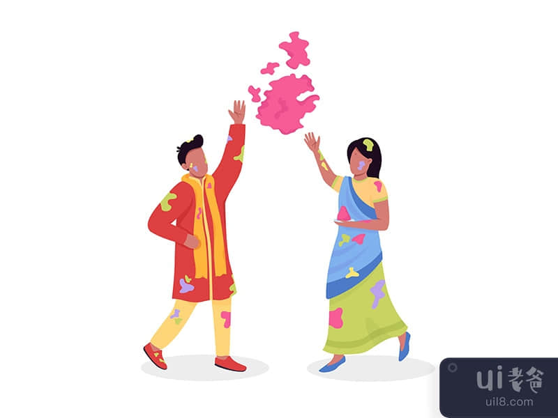 Couple celebrating Holi semi flat color vector characters