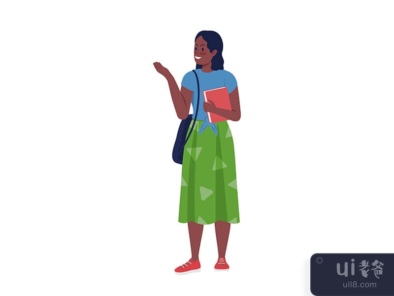 Carefree female college student semi flat color vector character