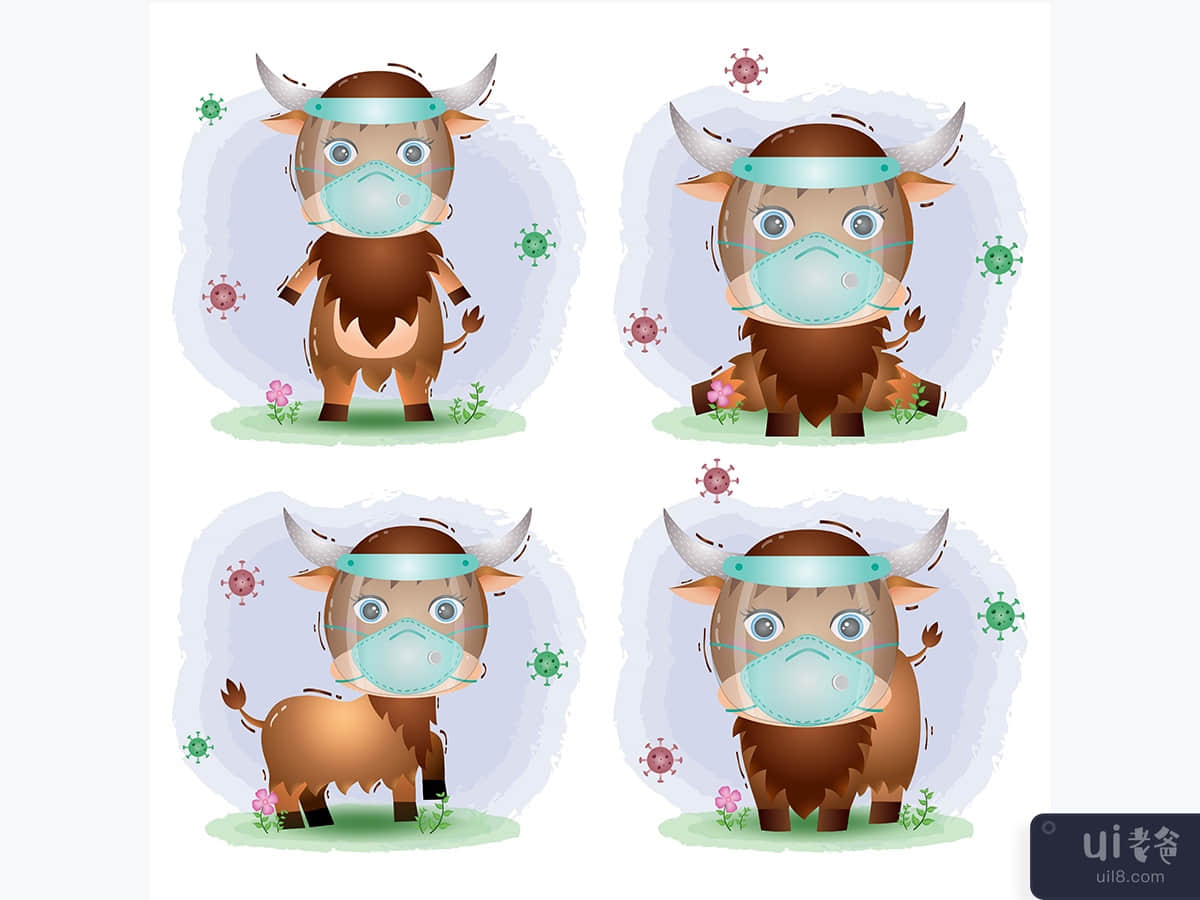 cute buffalo using face shield and mask collection