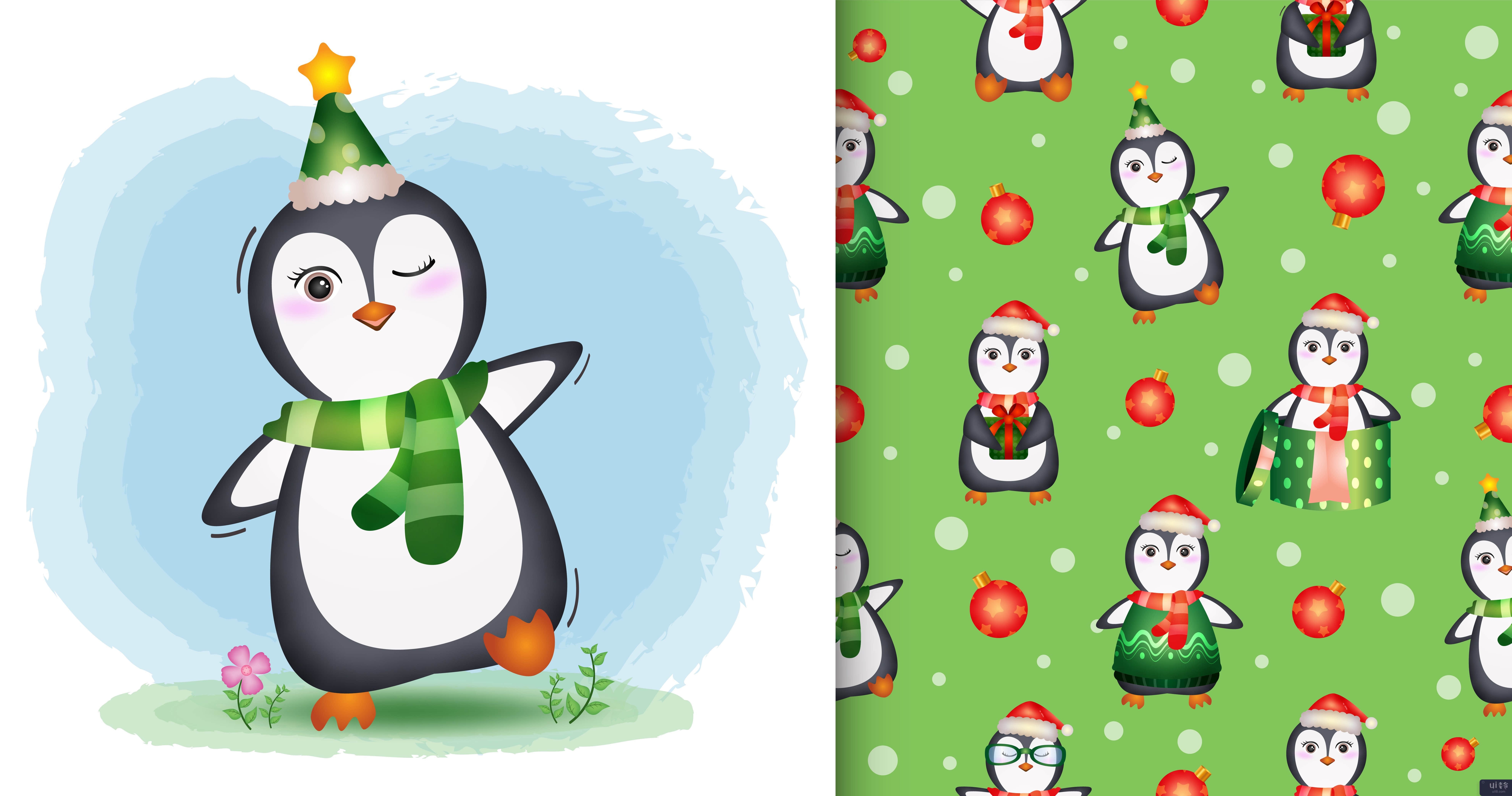 带有可爱企鹅圣诞人物的图画书(coloring book with a cute penguin christmas characters)插图2