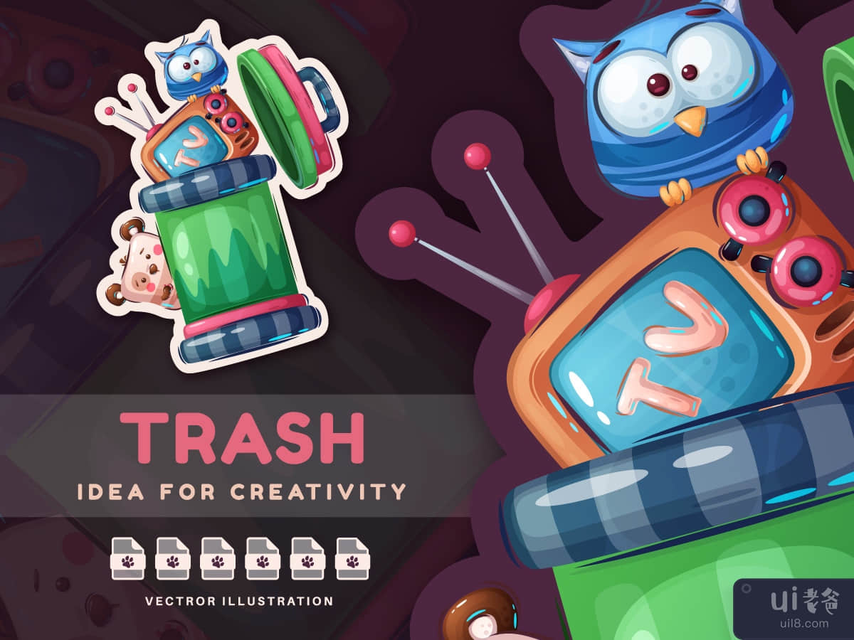 Cartoon Animals, Trash and TV - Sticker