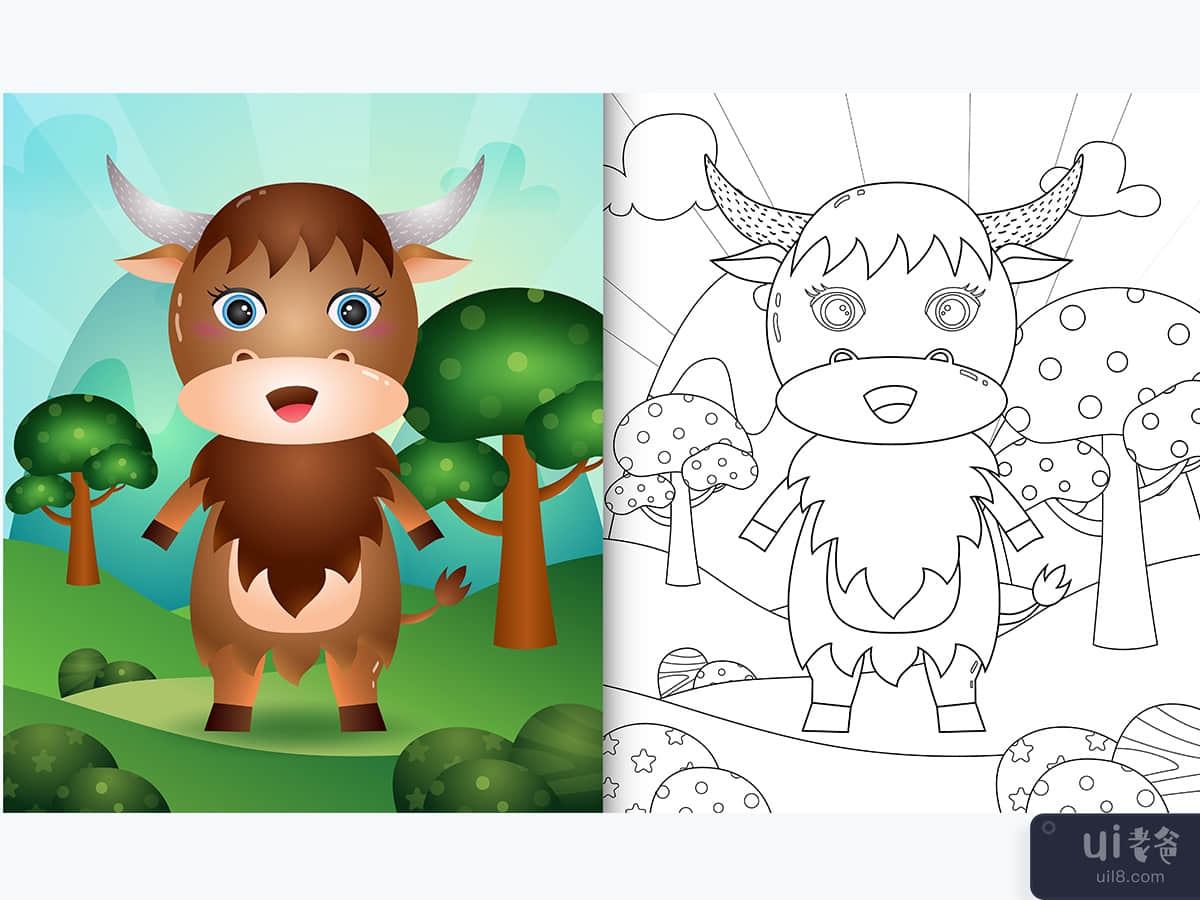coloring book for kids with a cute buffalo character illustration