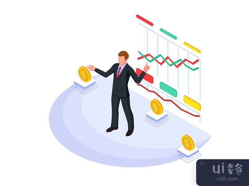 Businessman with presenting a growing chart.