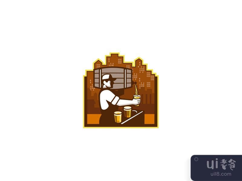 Bartender Pouring Beer Keg Cityscape Retro