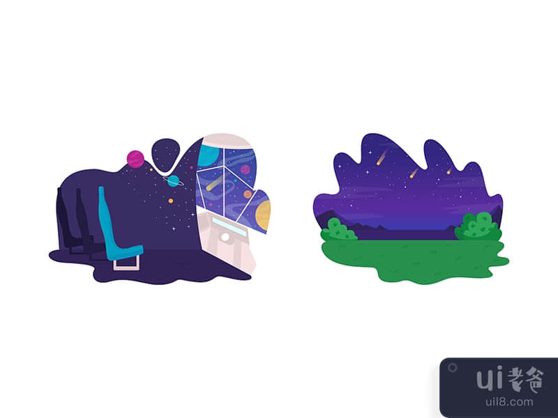 Beautiful night sky with stars and planets 2D vector web banner, poster set