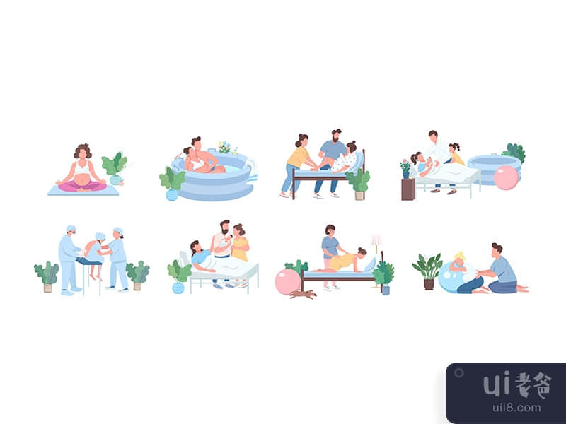 Alternative birth flat color vector faceless character set